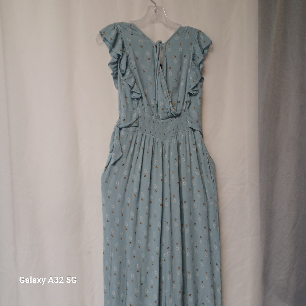 Blue Rain Blue Ruffled V-Neck Jumpsuit Size S